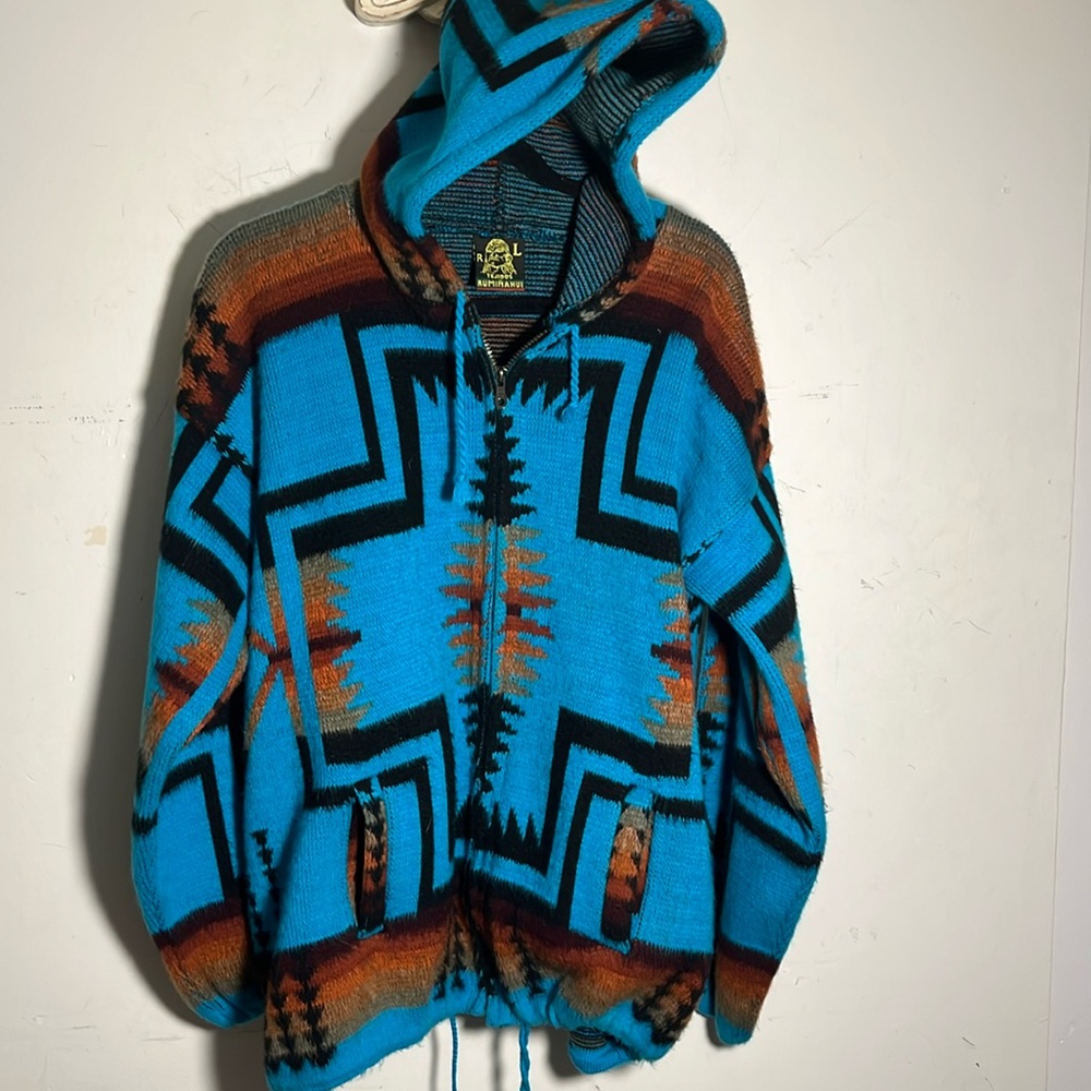 Ecuadorian Ruminahui Hooded Wool Full Zip Front Wool Jacket Sz Large